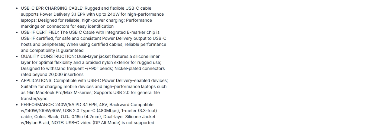 StarTech 1m 240W USB-C to USB-C Charging Cable