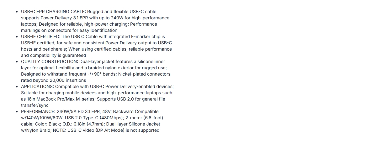 StarTech 2m 240W USB-C to USB-C Charging Cable