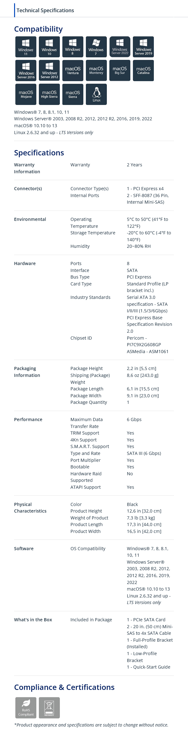 StarTech 8 Port SATA III PCIe Controller Card - Desktop Overview 2