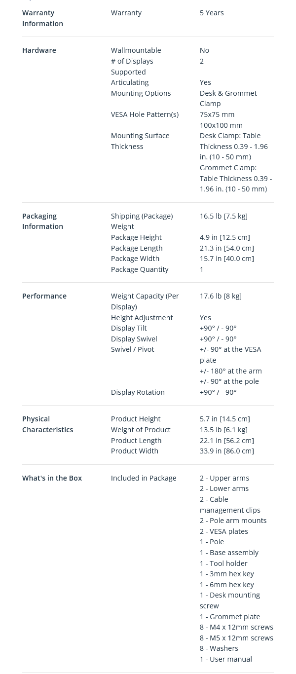 StarTech Desk Mount Dual Monitor Arm 32" VESA Displays Stackable Arms
