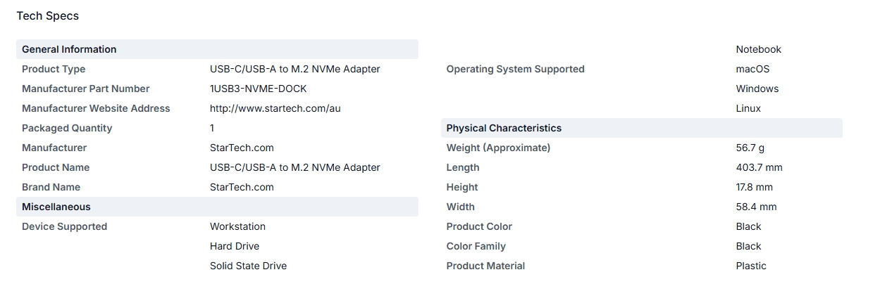 StarTech USB-C & USB-A to M.2 NVMe Dock Adapter Converter
