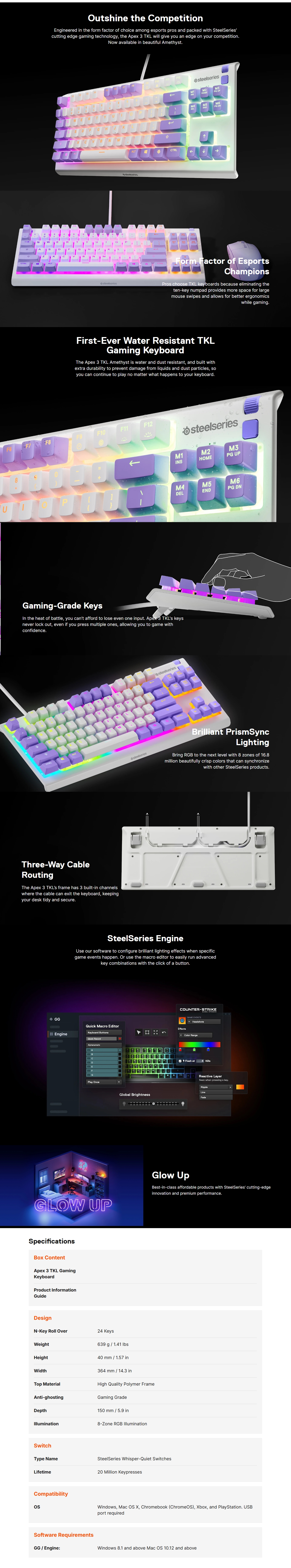 SteelSeries Apex 3 TKL Membrane Gaming Keyboard - Amethyst