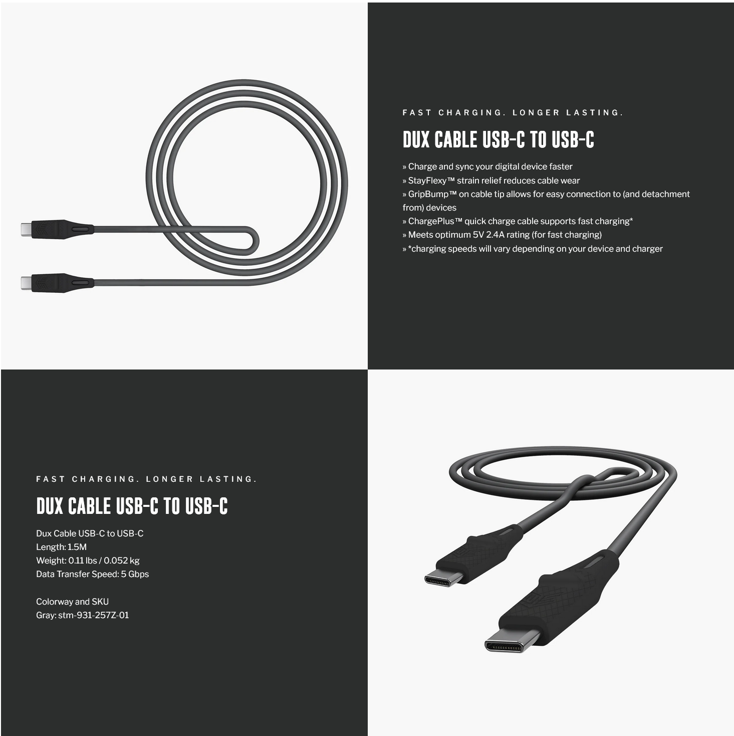 STM Dux Cable (USB-C to USB-C 1.5m) - Grey