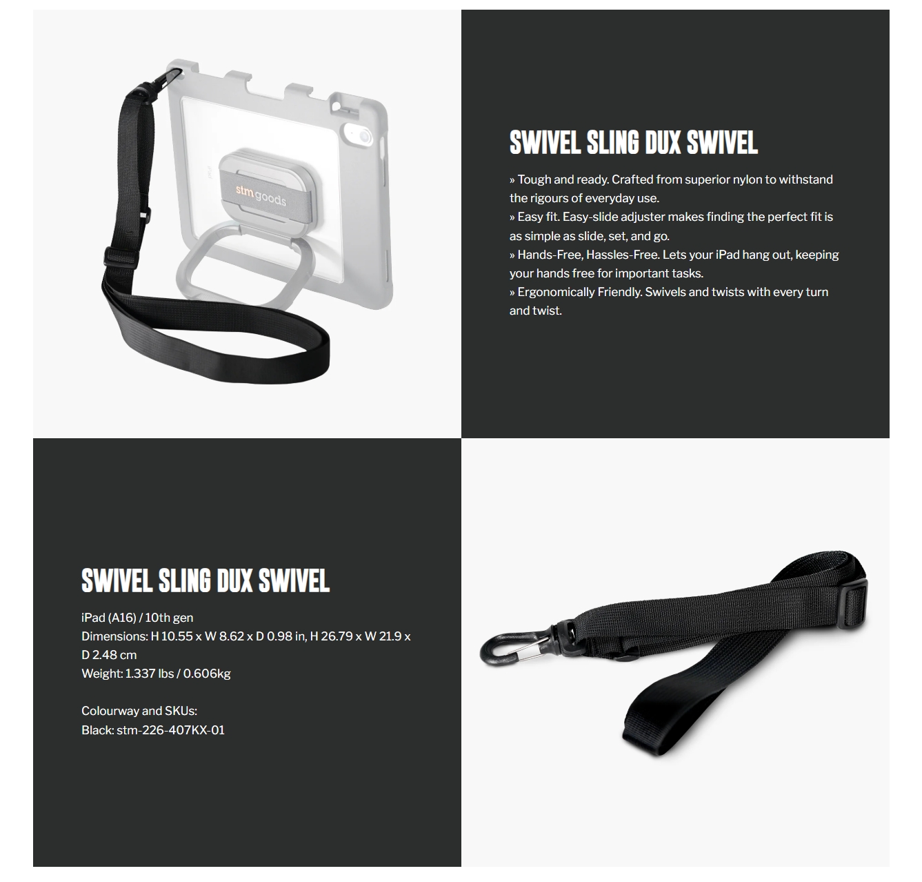 STM Dux Swivel Sling Accessory for iPad (A16/10th/9th/8th/7th) Gen - Black