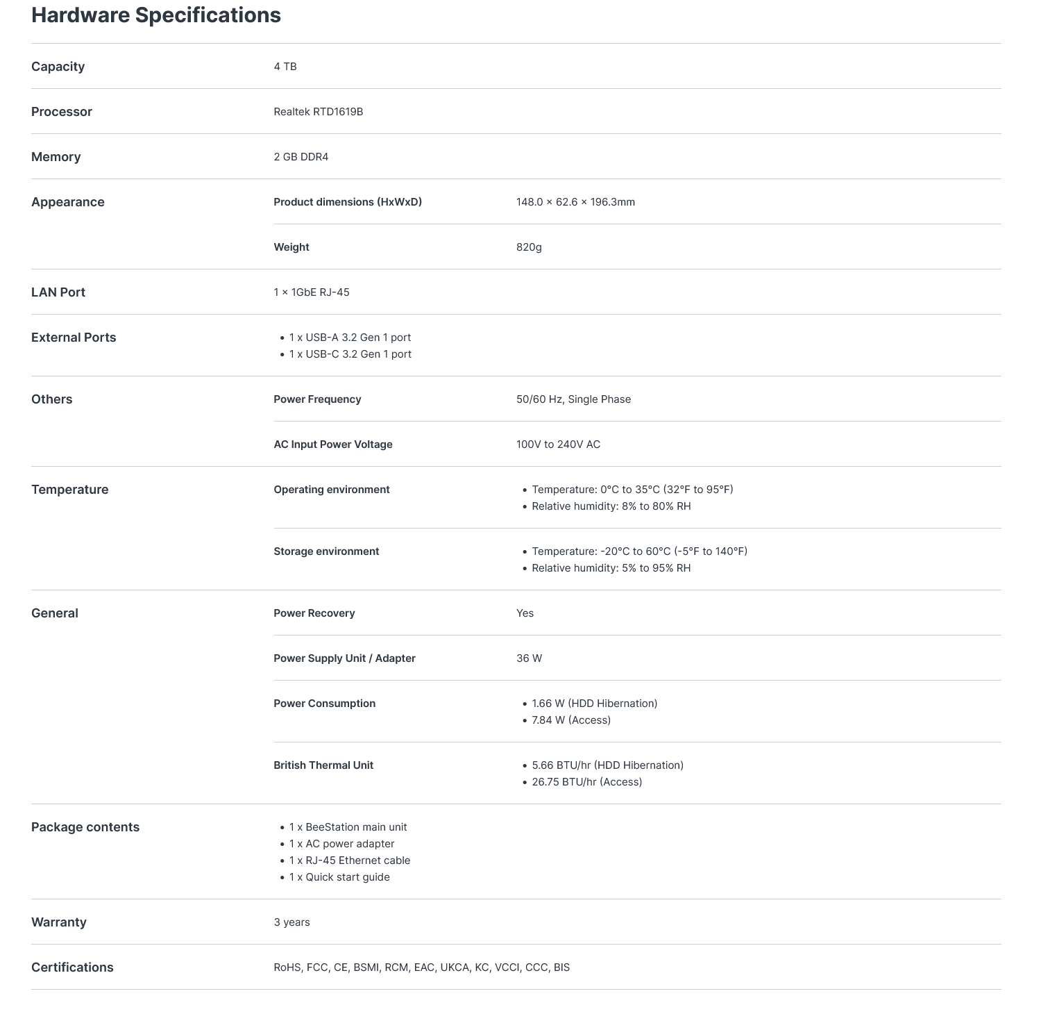 Synology BeeStation 4TB HDD NAS RTD1619B 2GB
