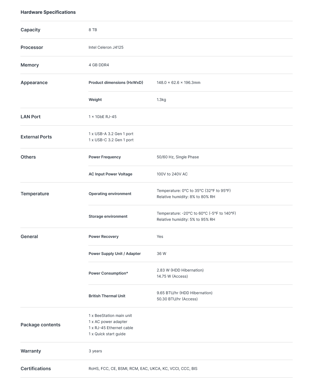 Synology BeeStation Plus 8TB HDD NAS Intel Celeron J4125 4GB DDR4