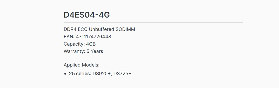 Synology D4ES04-4G DDR4 ECC Unbuffered SODIMM NAS Memory