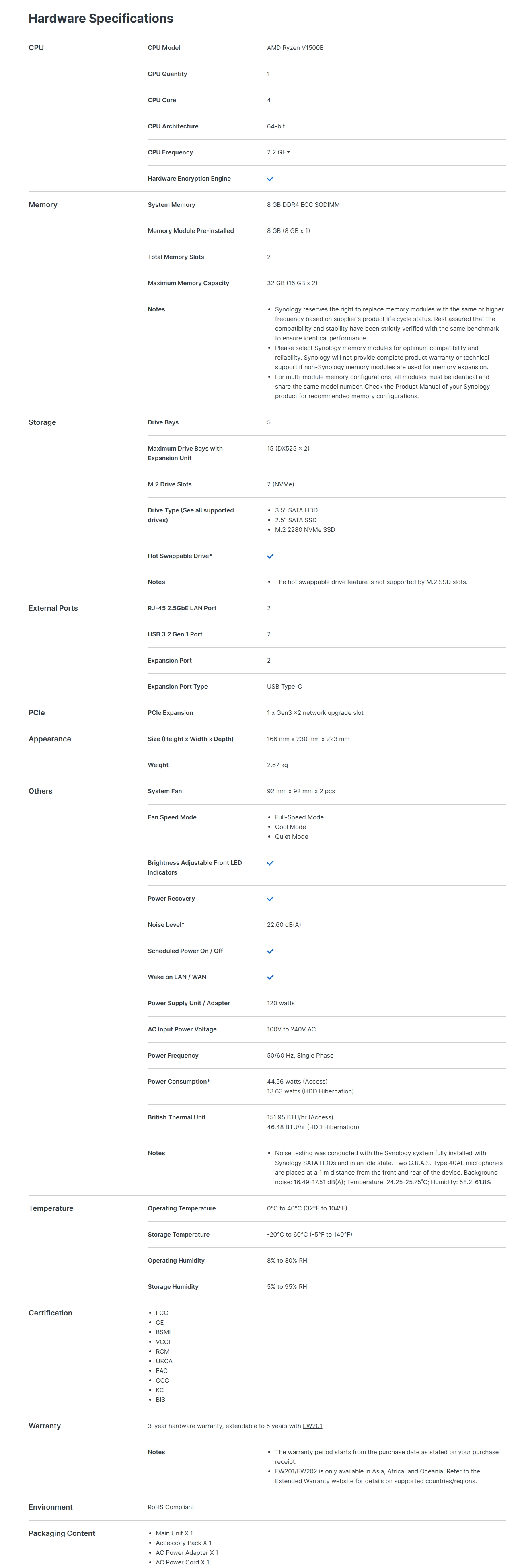 Synology DiskStation DS1525+ 5-Bay Diskless NAS Ryzen V1500B CPU 8GB RAM