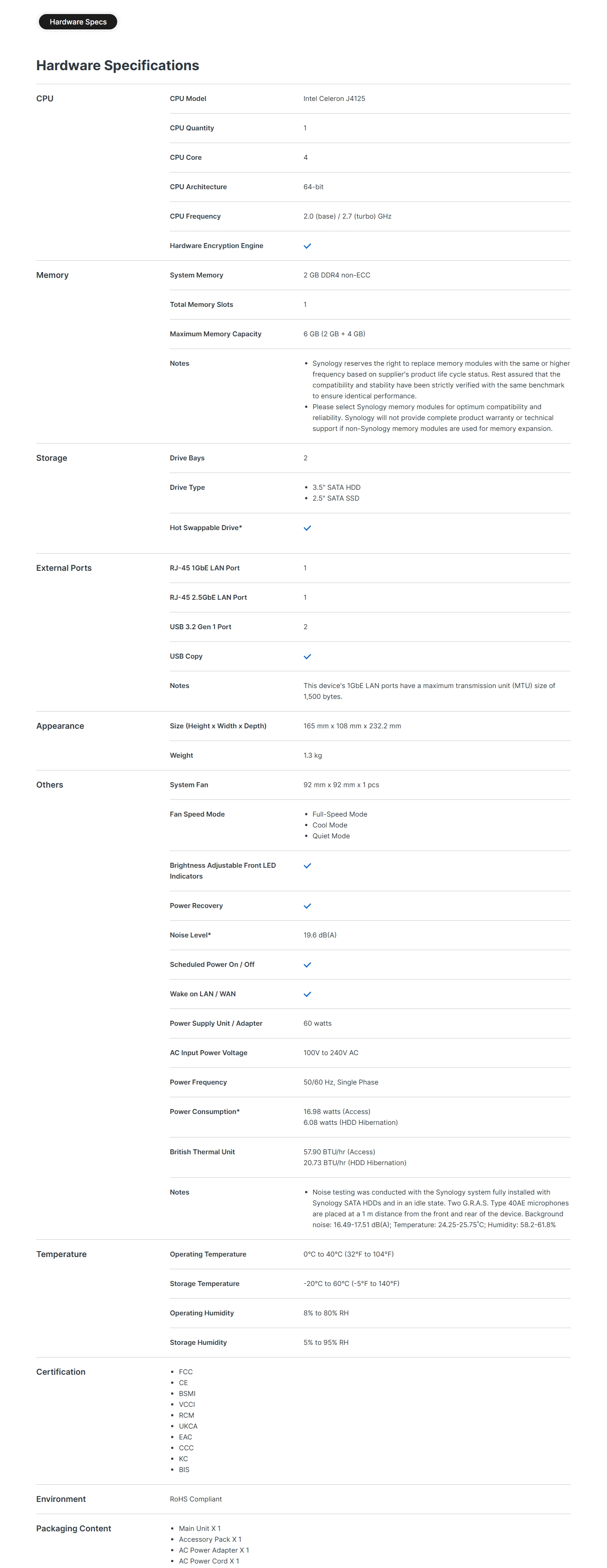 Synology DiskStation DS225+ 2-Bay Diskless NAS Celeron 2GB