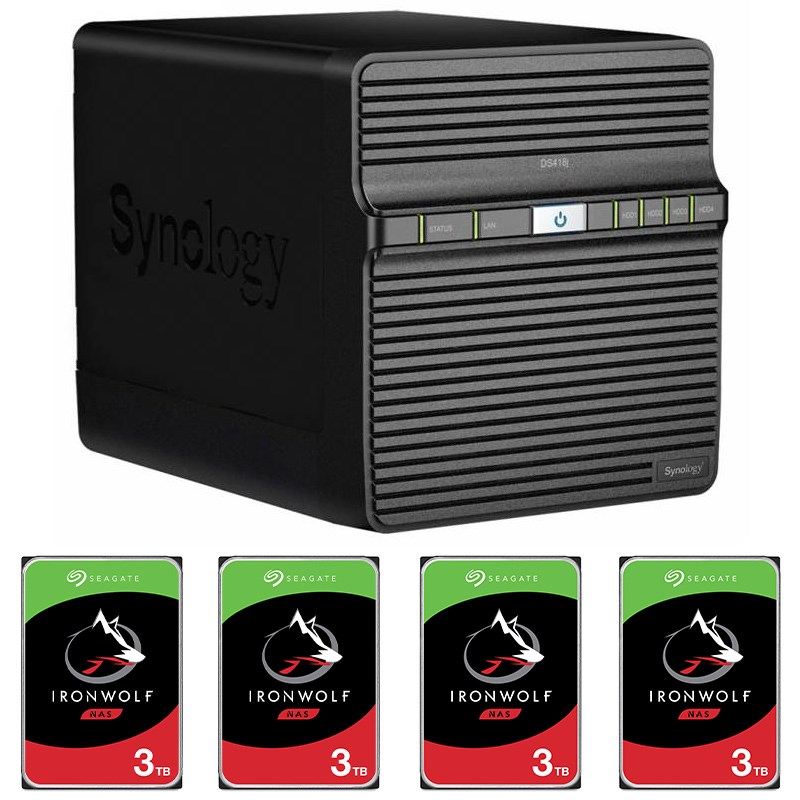 Synology DS418j 4 Bay NAS + 4x Seagate ST3000VN007 3TB IronWolf NAS HDD ...
