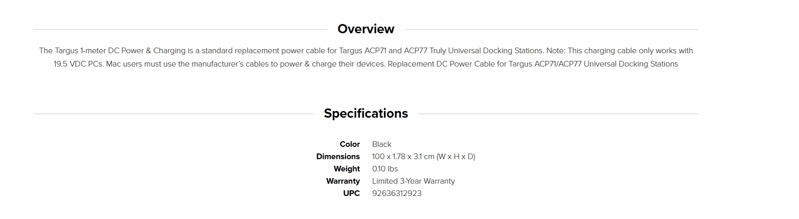 Targus 1.8M DC Power Cable for ACP7103/7703 Docking Stations