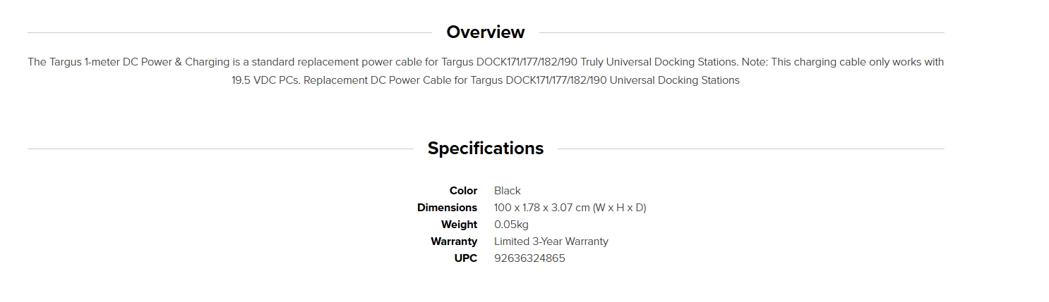 Targus 1.8M DC Power Cable for DOCK171/177/182/190 Docking Stations