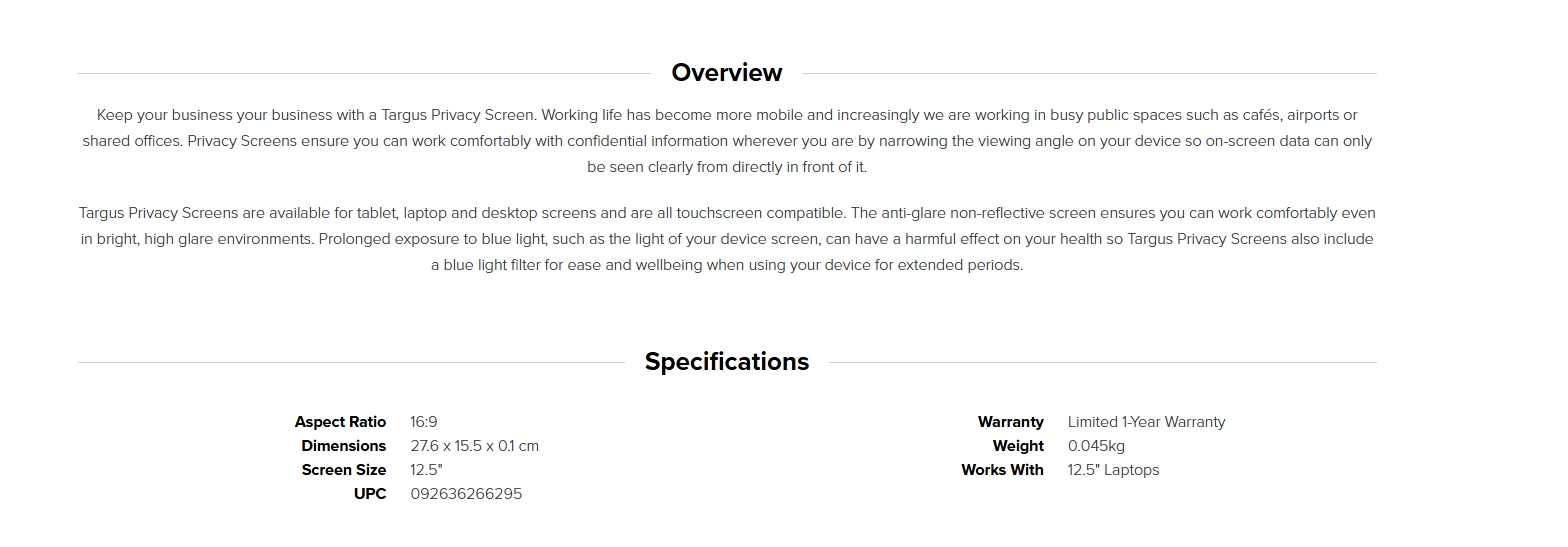 Targus 4VU Privacy Screen Filter for 12.5