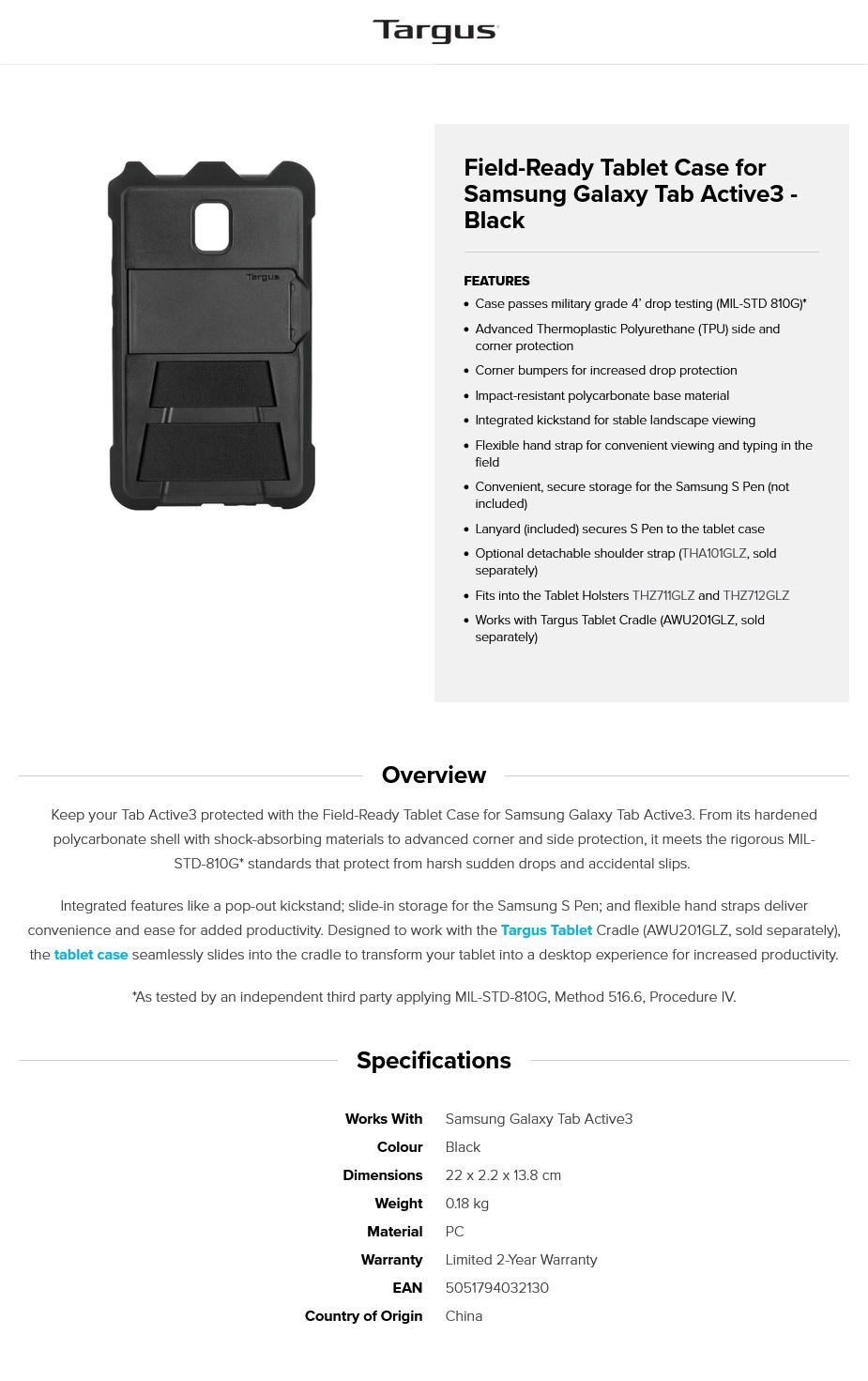 Targus FieldReady Tablet Case for Samsung Galaxy Tab Active3 Black