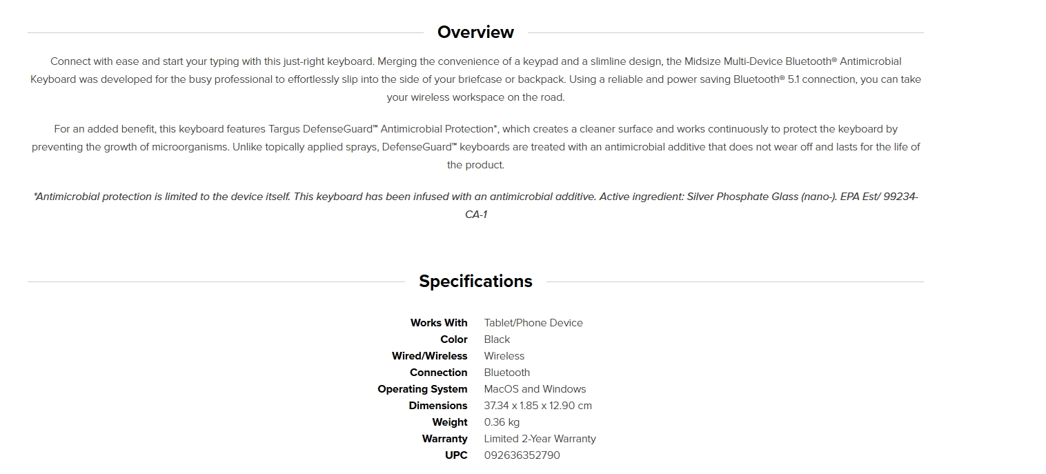Targus Midsize Multi-Device Antimicrobial Wireless Keyboard