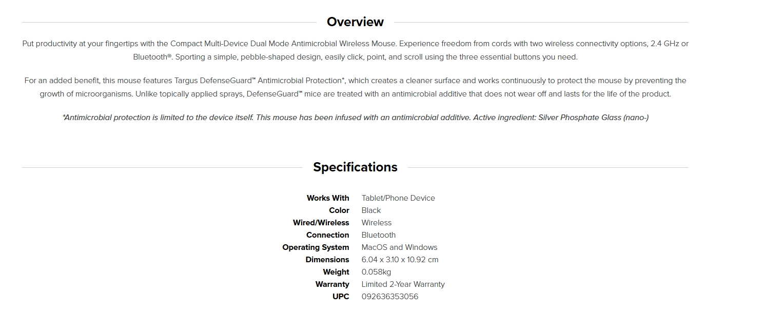 Targus Multi-Device Dual Mode Antimicrobial Wireless Mouse