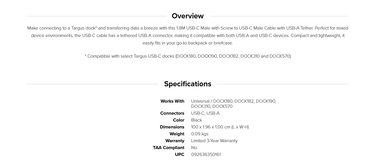 Targus USB-C to USB-A 1.8m 10G 5A Tether Cable
