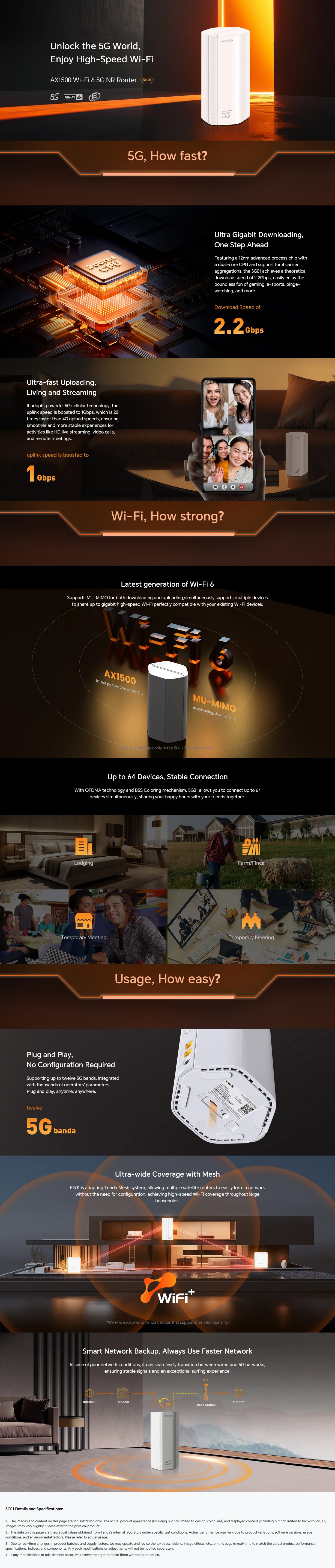 Tenda 5G01 AX1500 Wi-Fi 6 5G NR Router