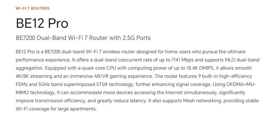 Tenda BE12 Pro BE7200 Dual-Band Wi-Fi 7 Router w/ Dual 2.5G Ports