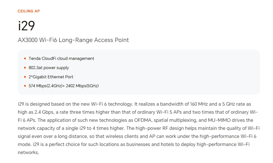 Tenda i29 AX3000 Wi-Fi 6 Long Range Ceiling Access Point