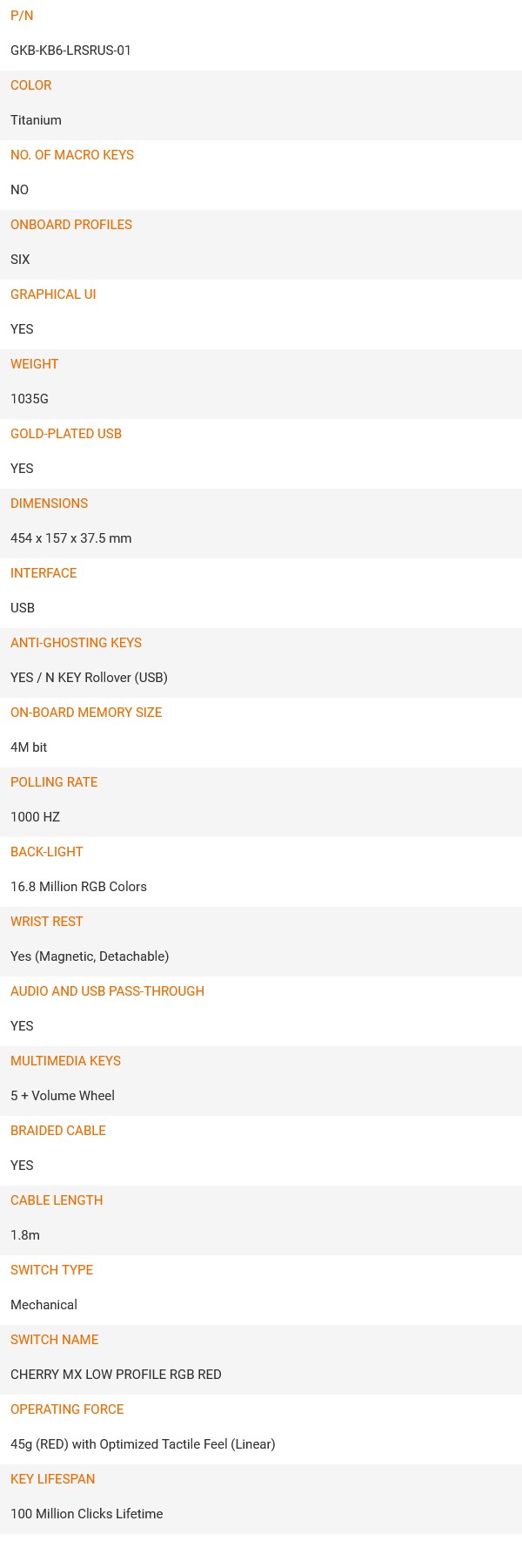 Thermaltake ARGENT K6 RGB Low Profile Mechanical Gaming Keyboard - Cherry MX Red - Desktop Specifications