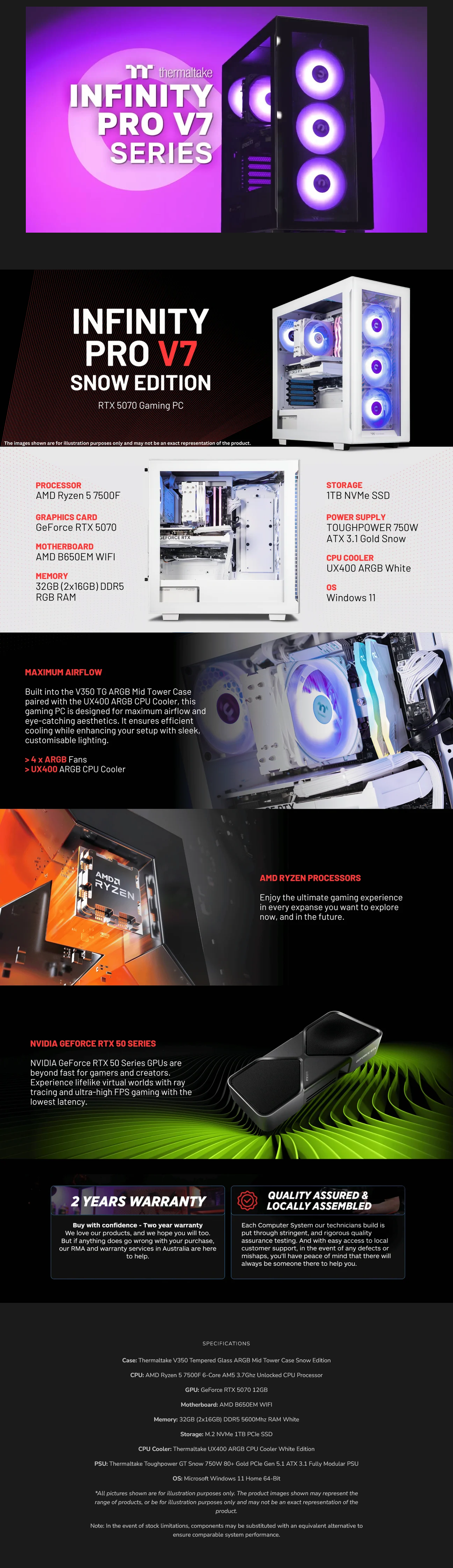 Thermaltake Infinity PRO V7 Desktop PC AMD Ryzen 5 7500F 32GB RAM RTX 5070 W11 - Snow Edition