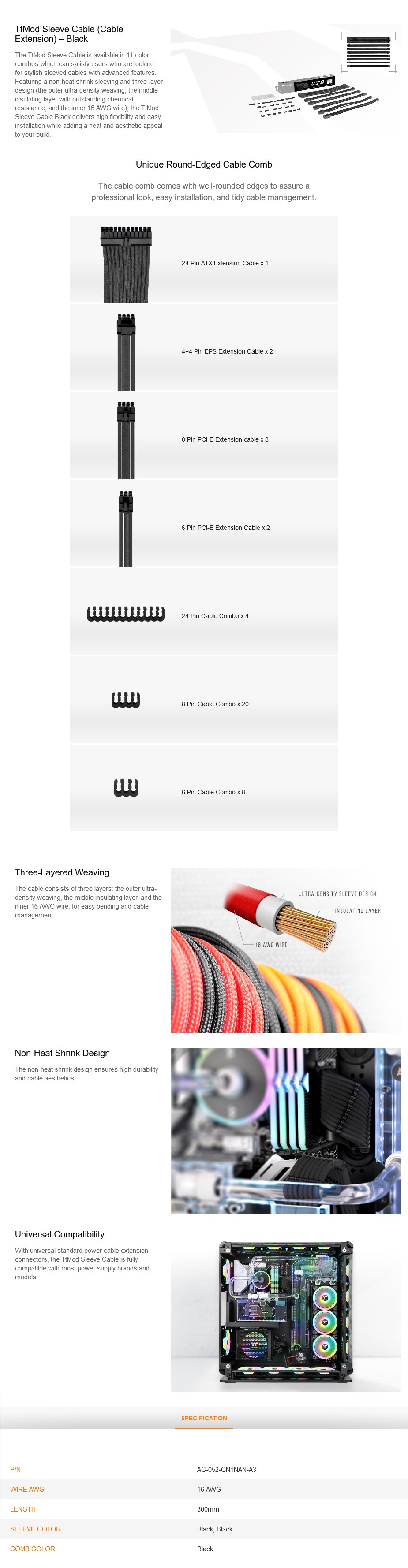 Thermaltake TtMod Sleeved PSU Extension Cable Set V2 - Black - Desktop Overview 1