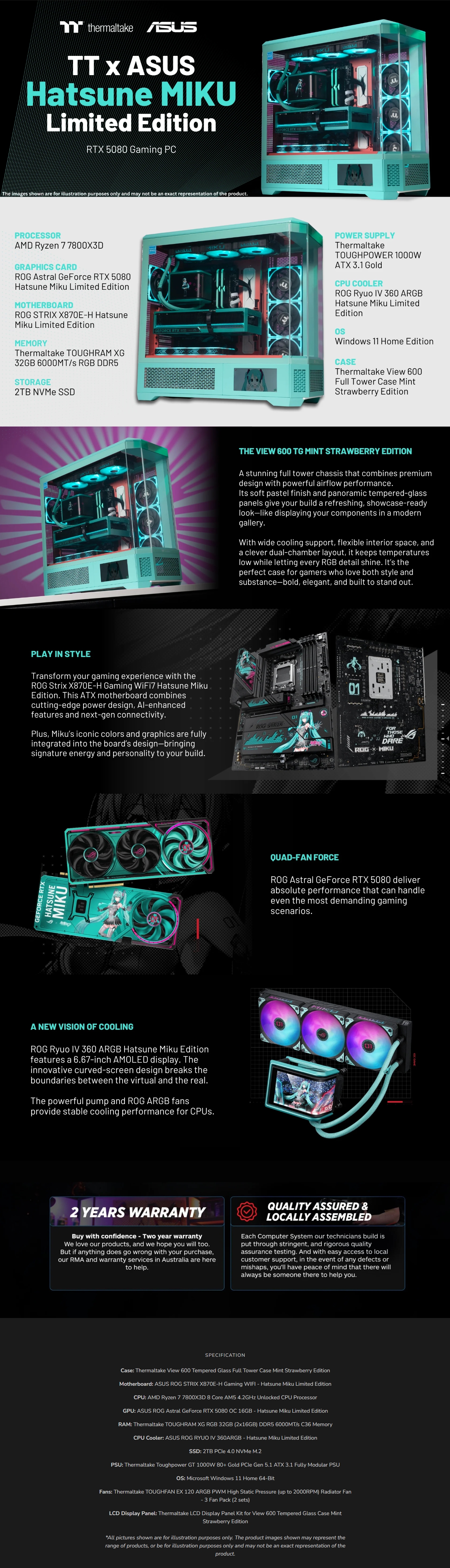 Thermaltake x ASUS Hatsune Miku Limited Edition Desktop PC AMD 7 7800X3D 32GB 2TB RTX5080 W11H