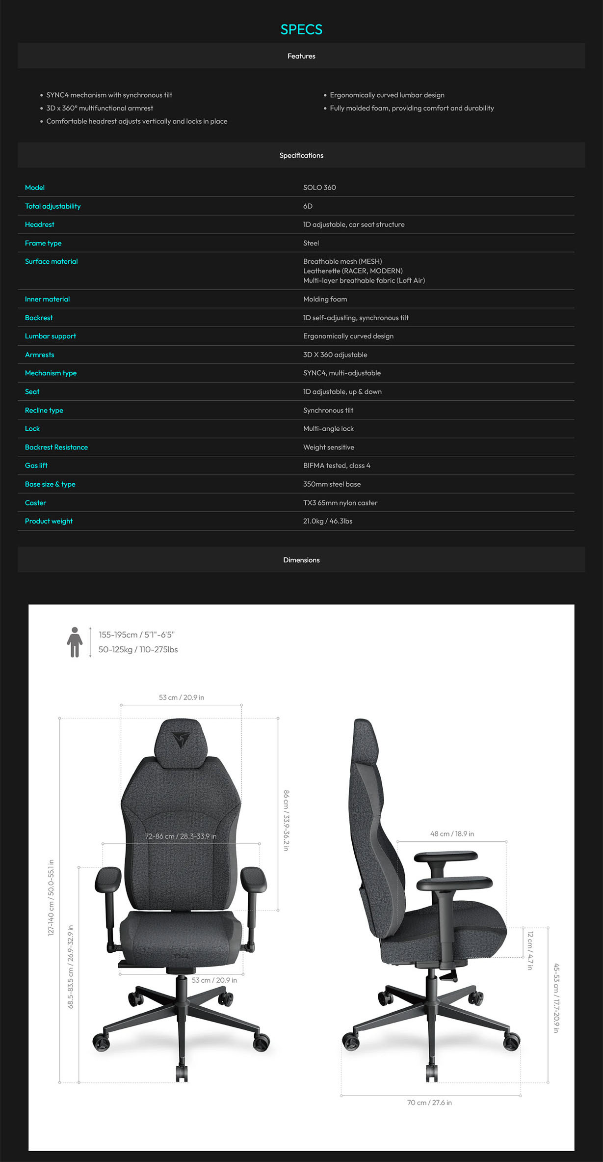 ThunderX3 SOLO 360 Loft Air Gaming Chair - Dark Grey