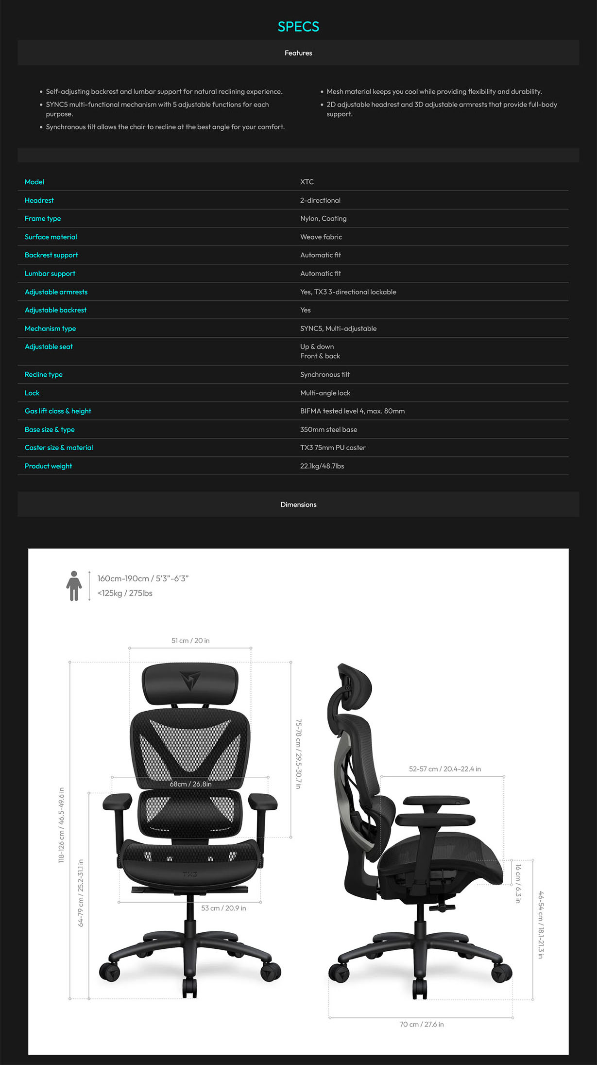 ThunderX3 XTC Loft Ergonomic Ergonomic Chair - Dark Grey