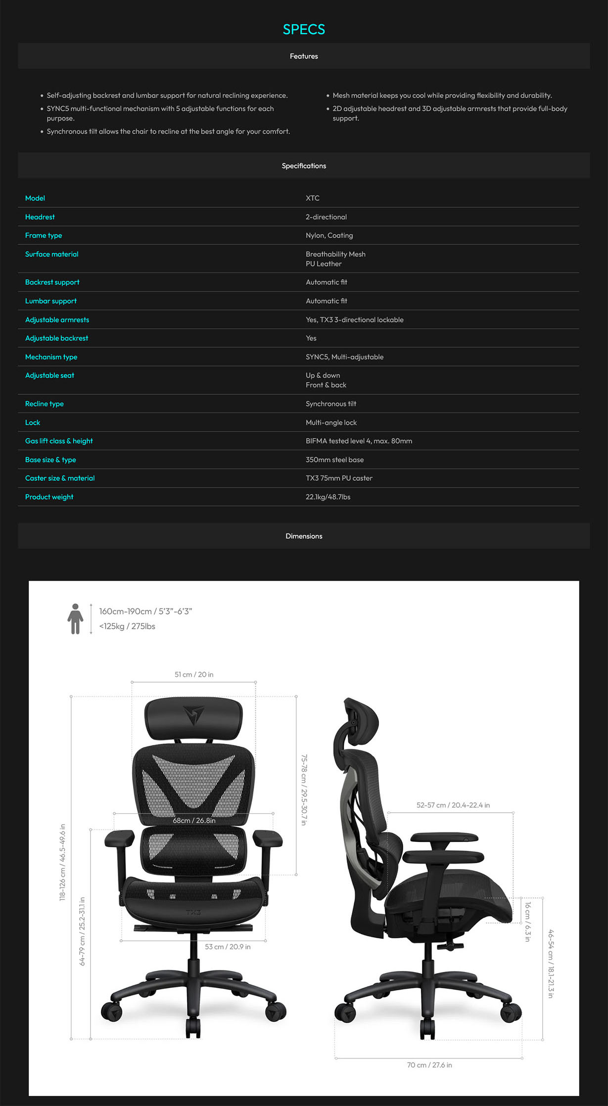 ThunderX3 XTC Mesh Ergonomic Chair - Black