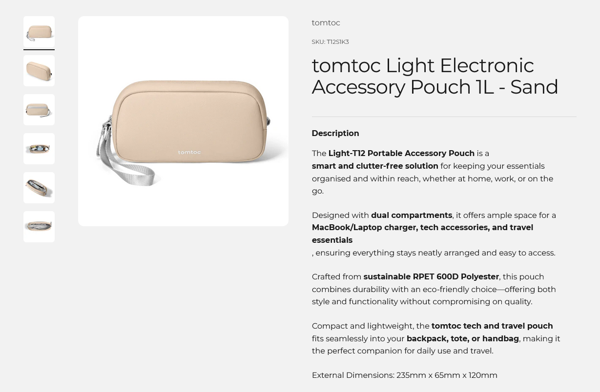 tomtoc Electronic Accessory Pouch 1L - Sand