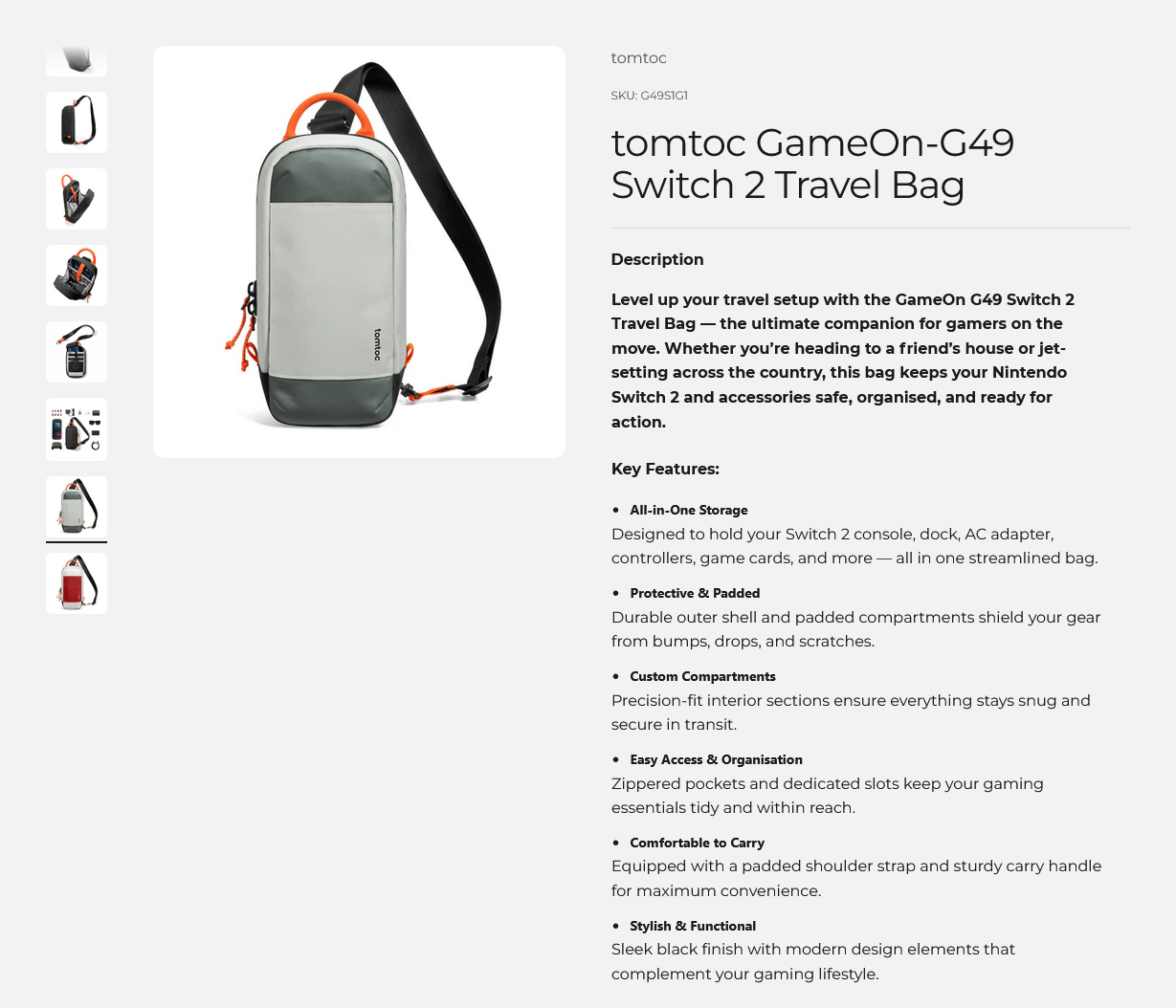 tomtoc GameOn-G49 Switch 2 Travel Bag - Grey