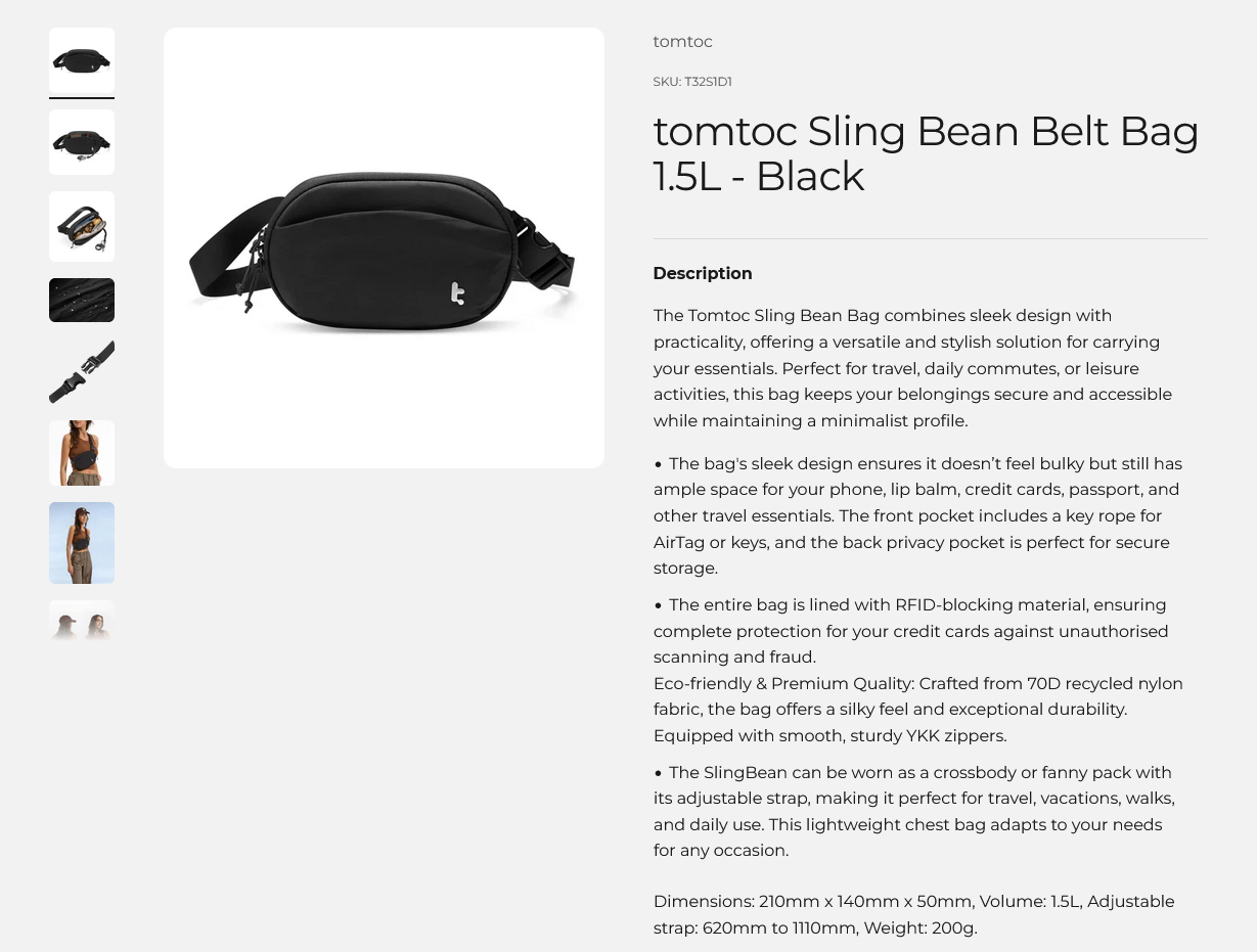tomtoc Sling Bean Belt Bag 1.5L - Black