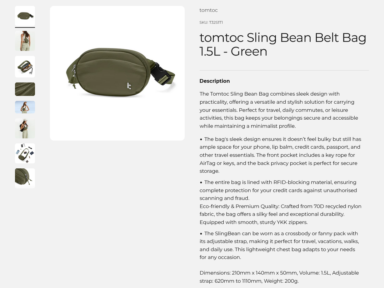 tomtoc Sling Bean Belt Bag 1.5L - Green