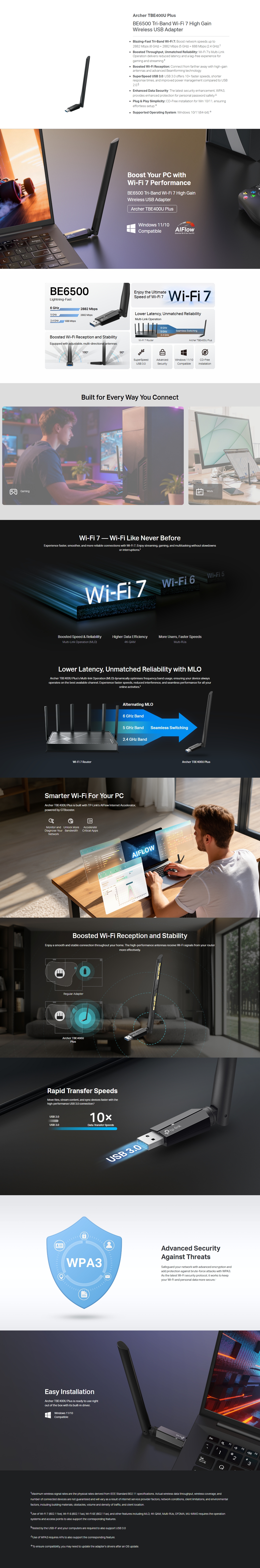TP-Link Archer TBE400U Plus BE6500 Tri-Band Wi-Fi 7 High Gain Wireless USB Adapter