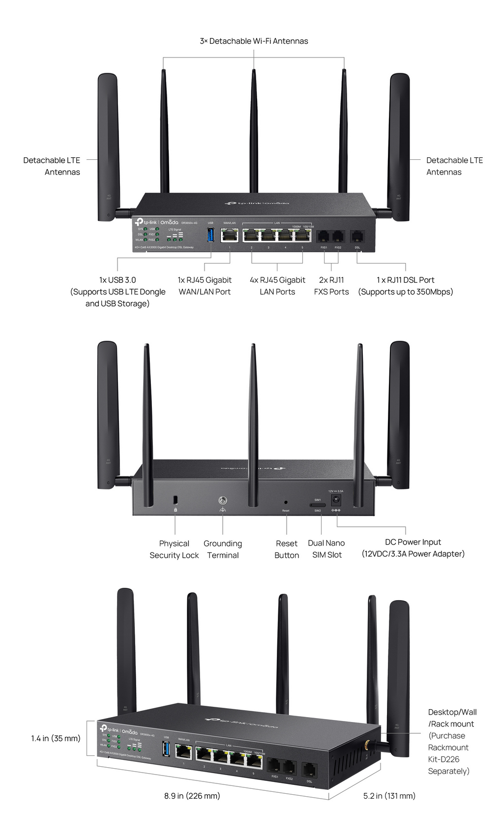TP-Link DR3650v-4G Omada 4G+ Cat6 AX3000 Wi-Fi 6 Gigabit Desktop DSL Gateway