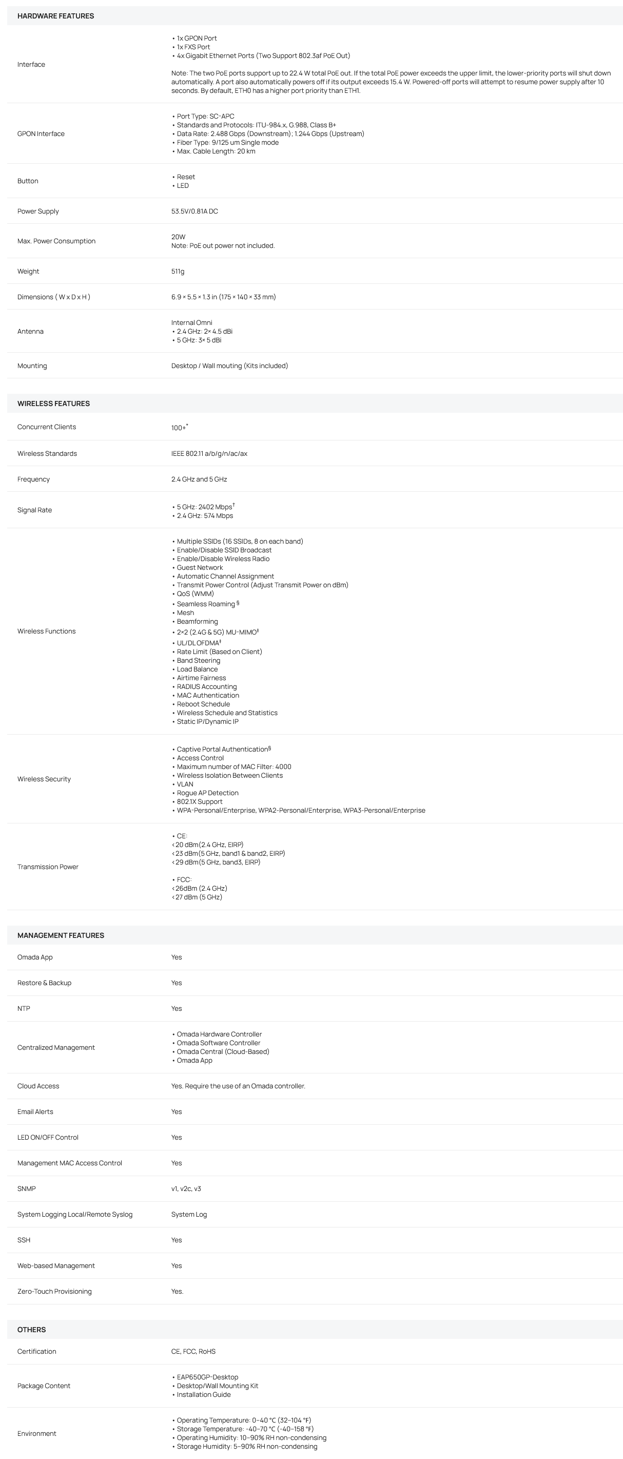 TP-Link EAP650GP-Desktop Omada AX3000 Wi-Fi 6 Desktop GPON Access Point