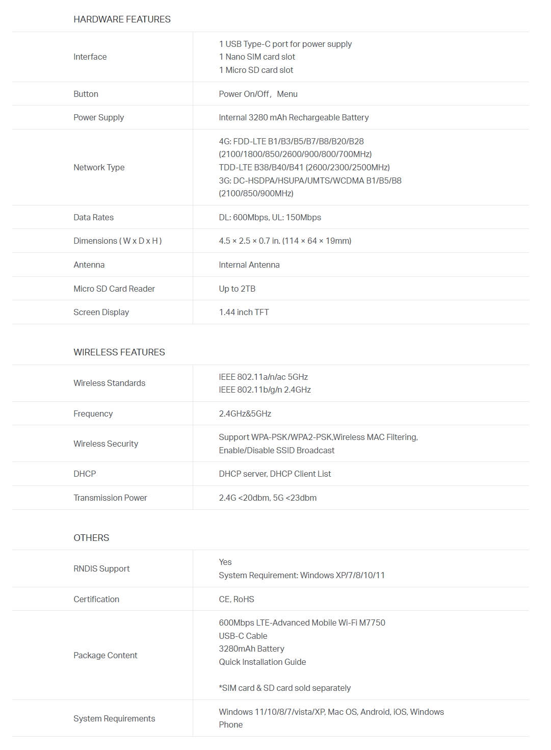 TP-Link M7750 600 Mbps LTE-Advanced Mobile Wi-Fi