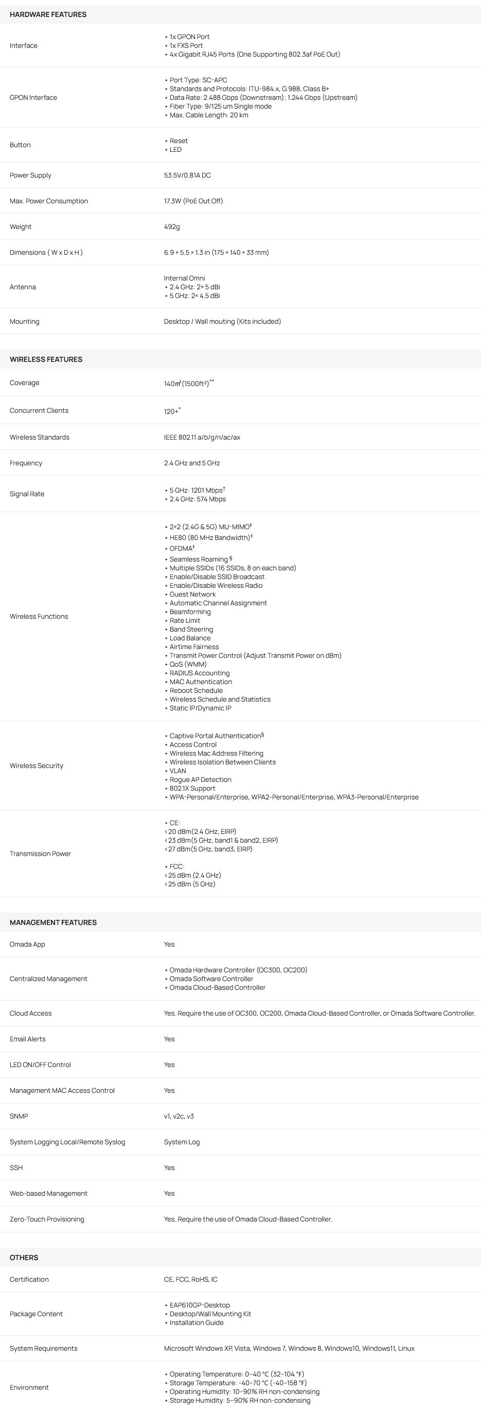 TP-Link Omada AX1800 Wi-Fi 6 Desktop GPON Access Point