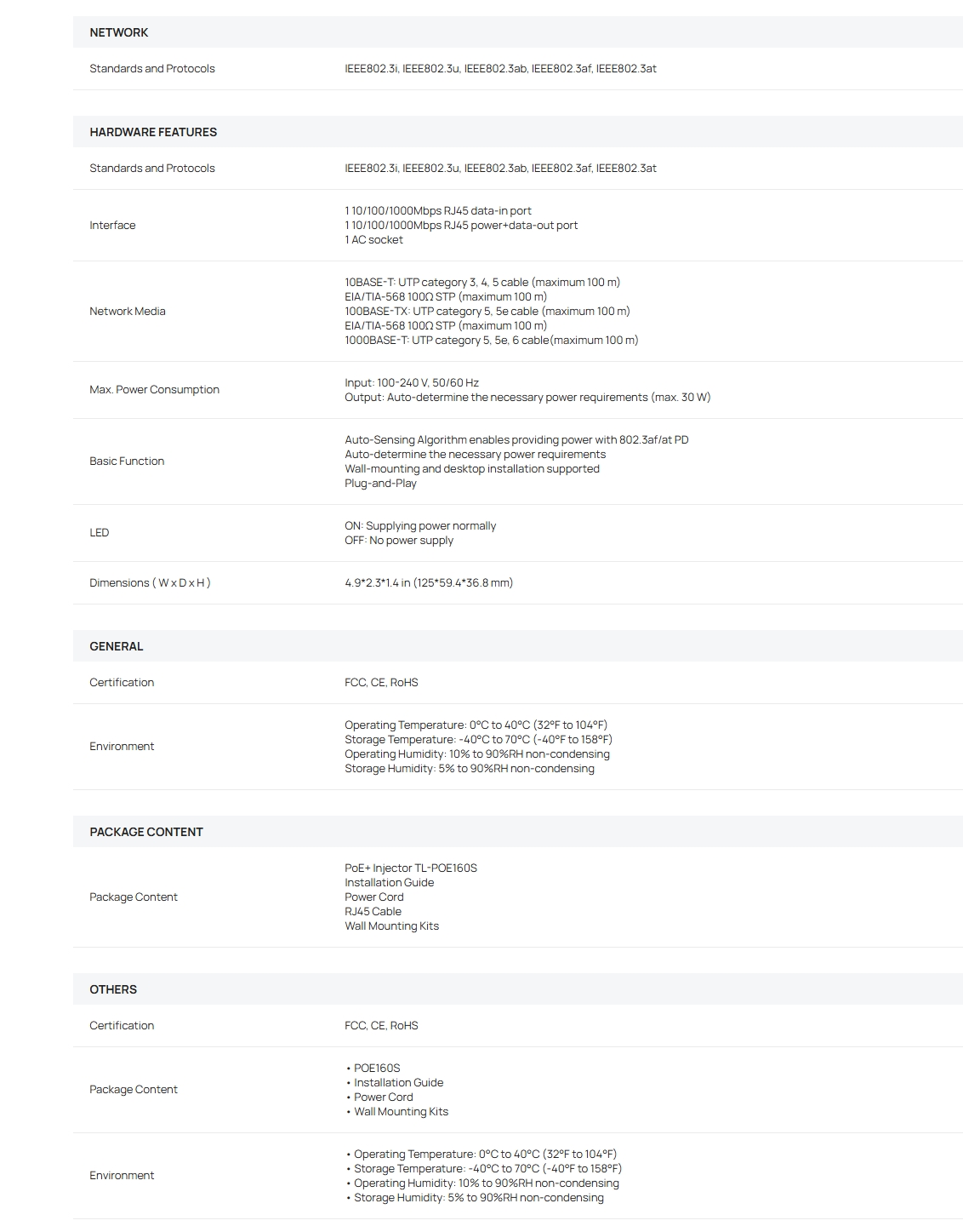 TP-Link POE160S Omada POE+ Injector