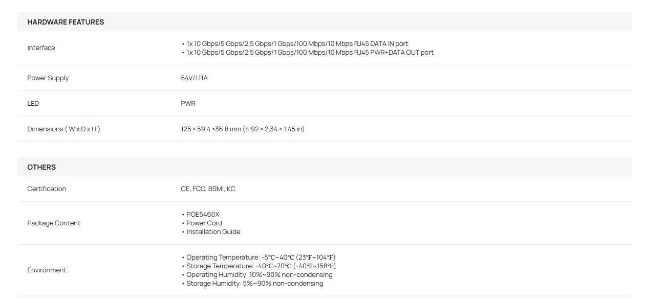 TP-Link POE5460X Omada 10G Passive PoE Adapter