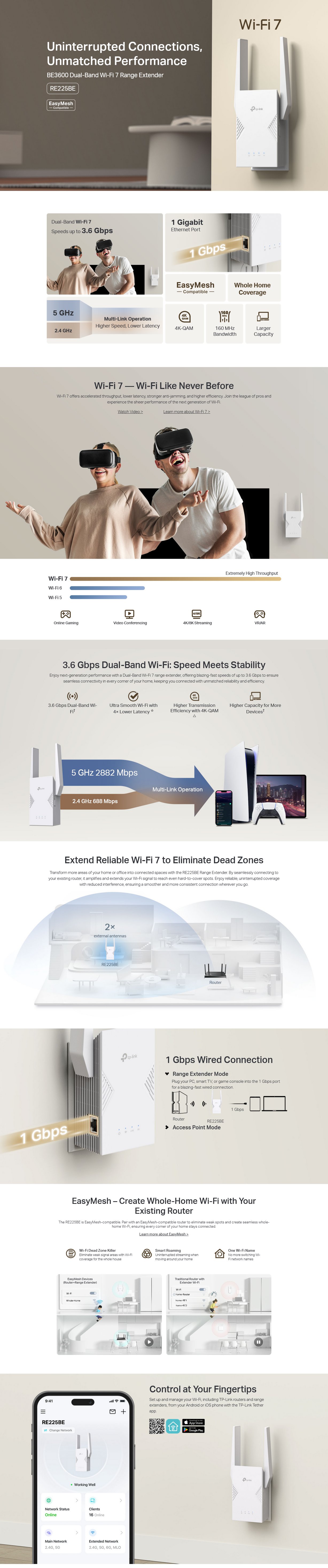 TP-Link RE225BE BE3600 Dual-Band Wi-Fi 7 Range Extender