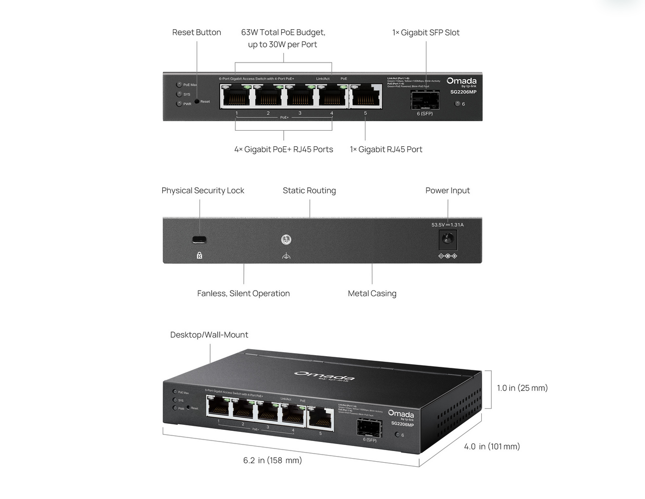 TP-Link SG2206MP Omada Access 6-Port Gigabit Switch with 4-Port PoE+