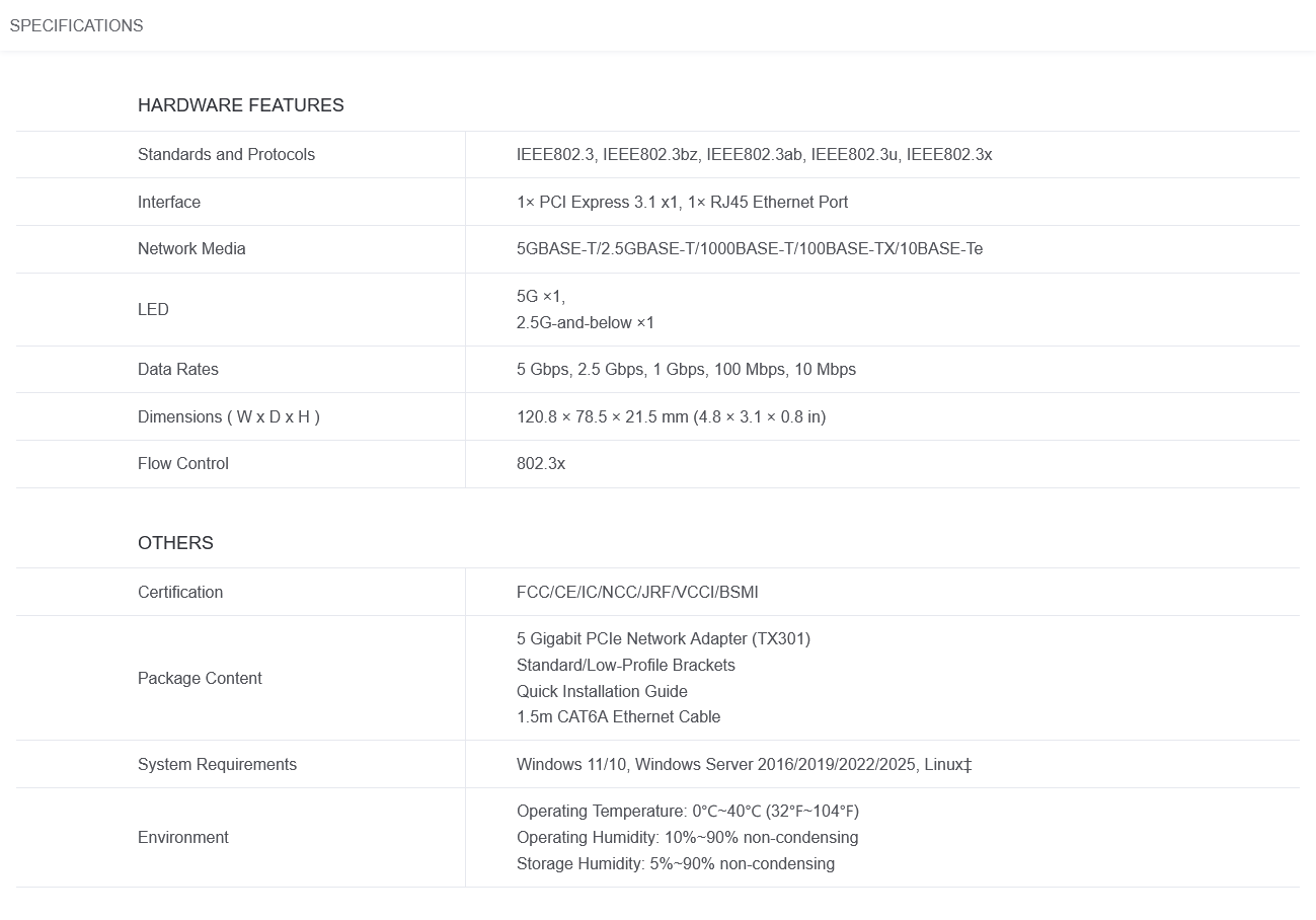 TP-Link TX301 5 Gigabit PCIe 3.1 Network Adapter