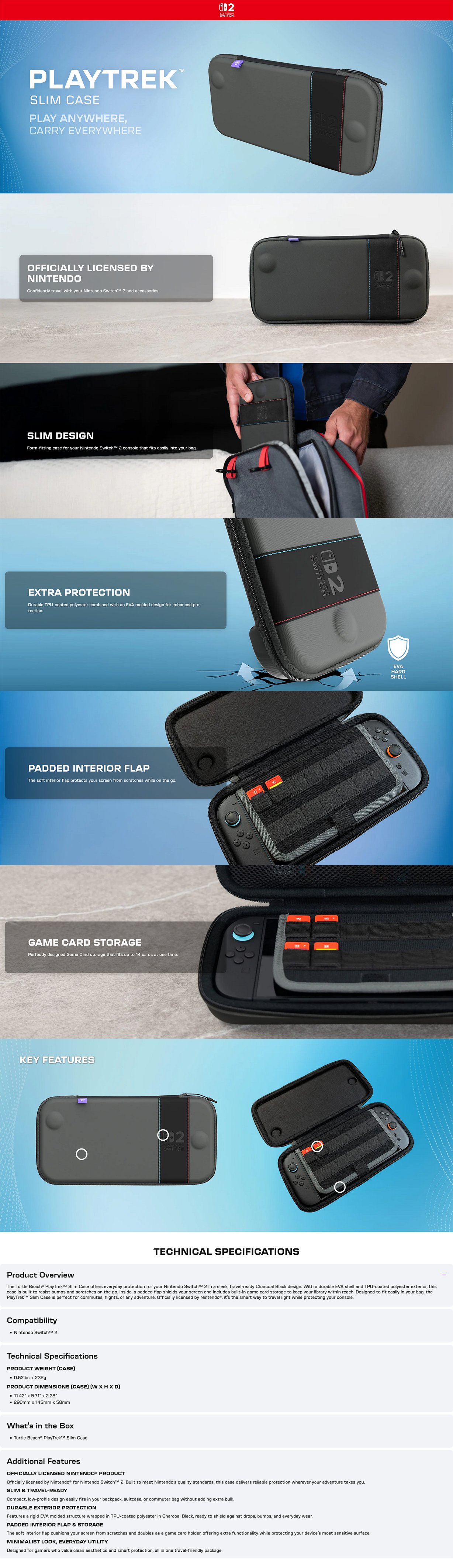 Turtle Beach PlayTrek Slim Nintendo Switch 2 Slim Case - Charcoal Black