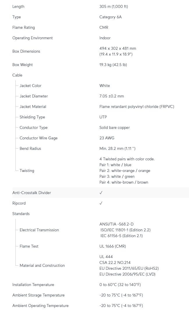 Ubiquiti UniFi 305m Cat6A CMR Indoor Ethernet Cable