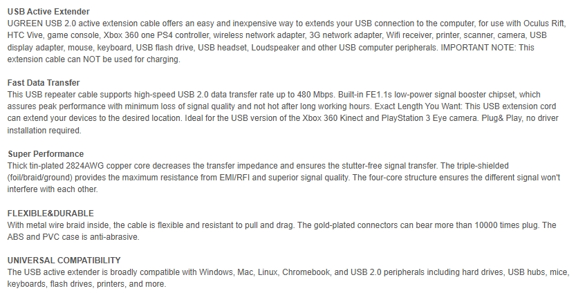 UGREEN 10321 USB 2.0 Active Extension Cable with Chipset 10M