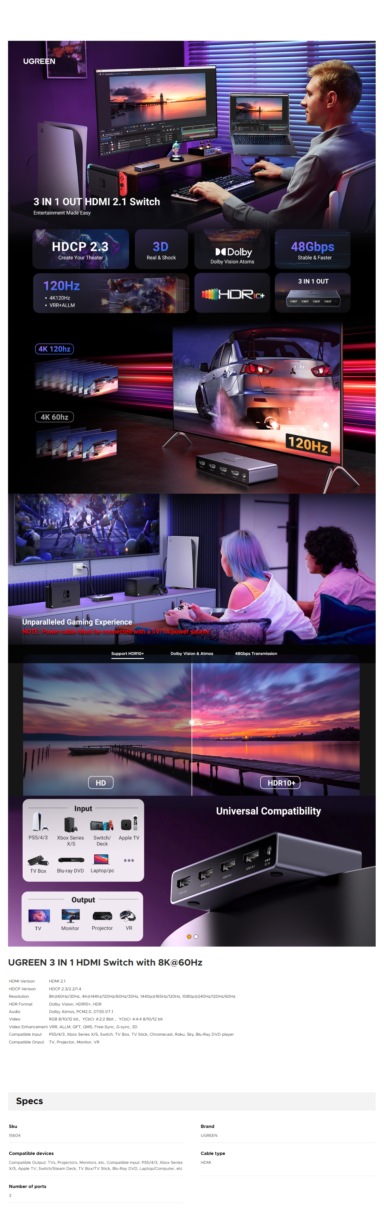 UGREEN 3-IN-1 Out 4K@120Hz HDMI 2.1 KVM Switch