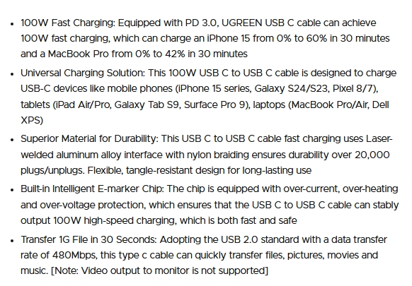 UGREEN 45063 1m 100W USB-C to USB-C Cable - Gray